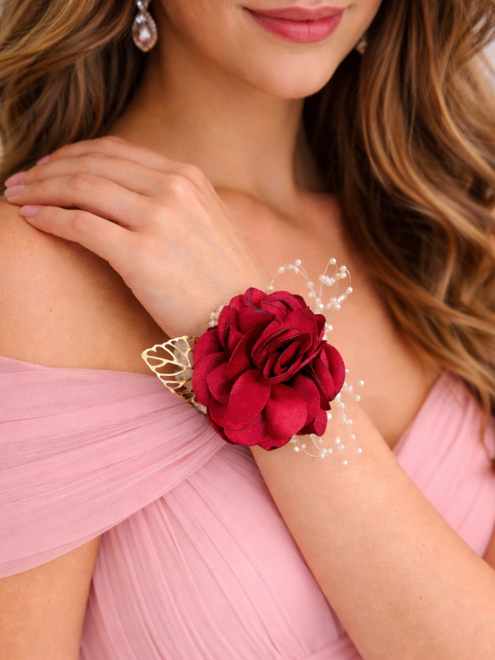 Set of 5 Elegant Burgundy pearl and gold bridesmaids corsage.